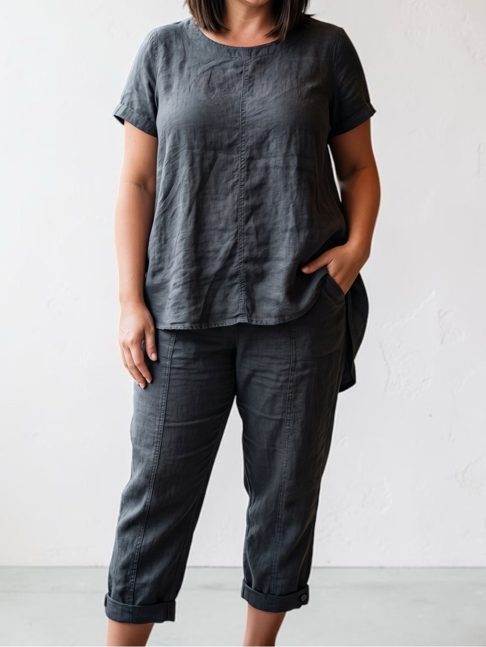 Eileen Fisher 2pc organic linen gray top & pants set Large